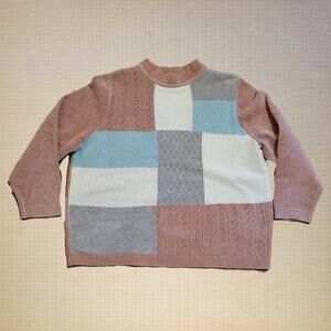 Vintage Patchwork Knit Sweater Women's Oversized Crewneck Pullover Color Block
